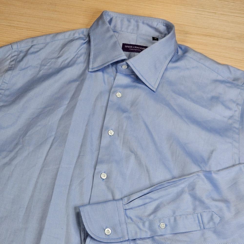 Spier & Mackay Dress Shirt Mens 17/37 Blue Striped Contemporary Fit Long Sleeve